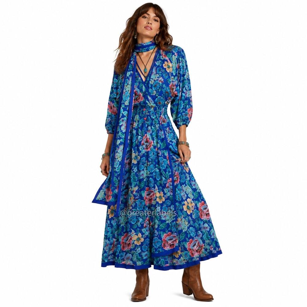 Diane Freis Vintage 80s Beaded Silk Tasseled V-Neck Boho Maxi Dress w/Scarf M/L